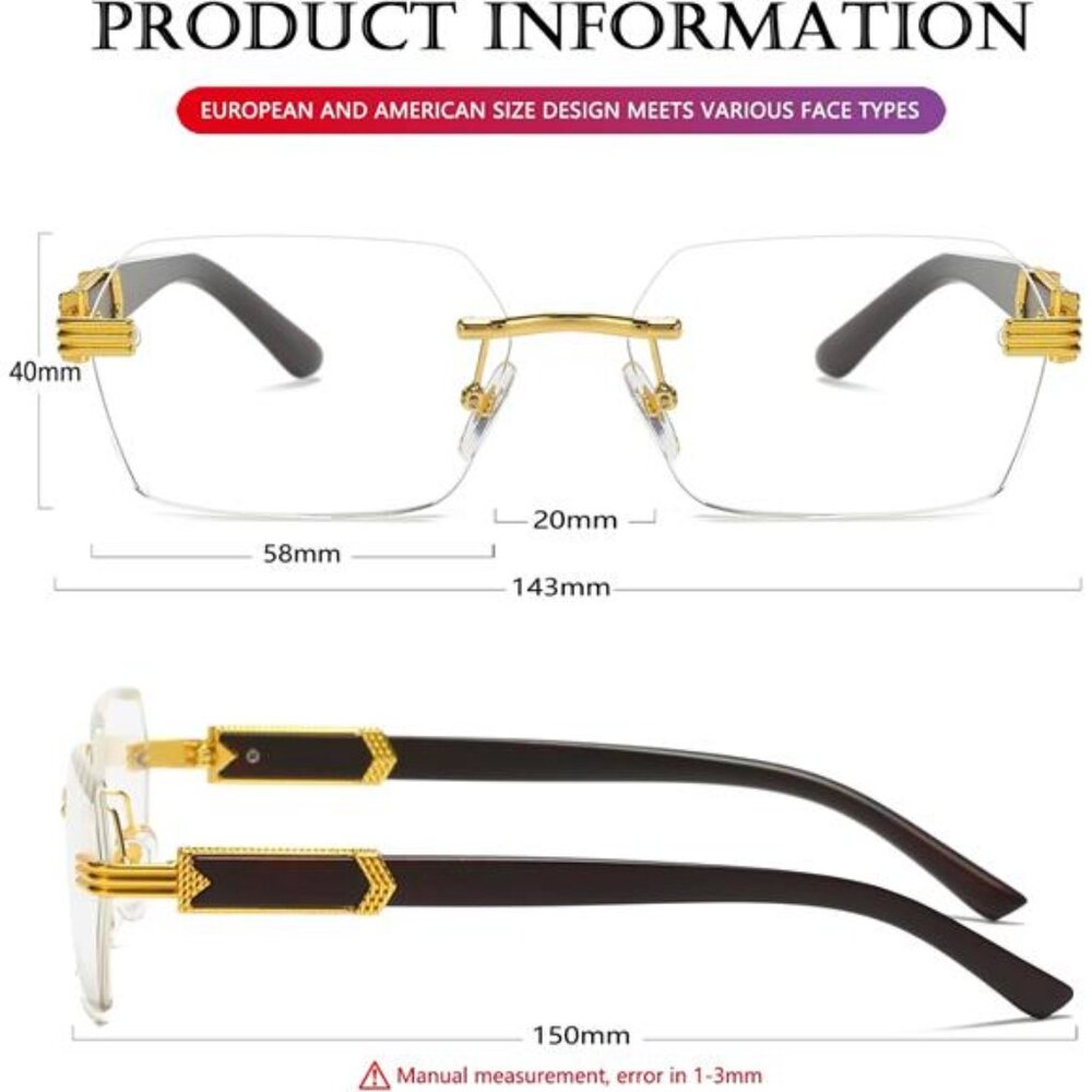 Retro Rimless Sunglasses Rectangle Unisex Vintage Frameless Sun Glasses - Picture 6 of 7